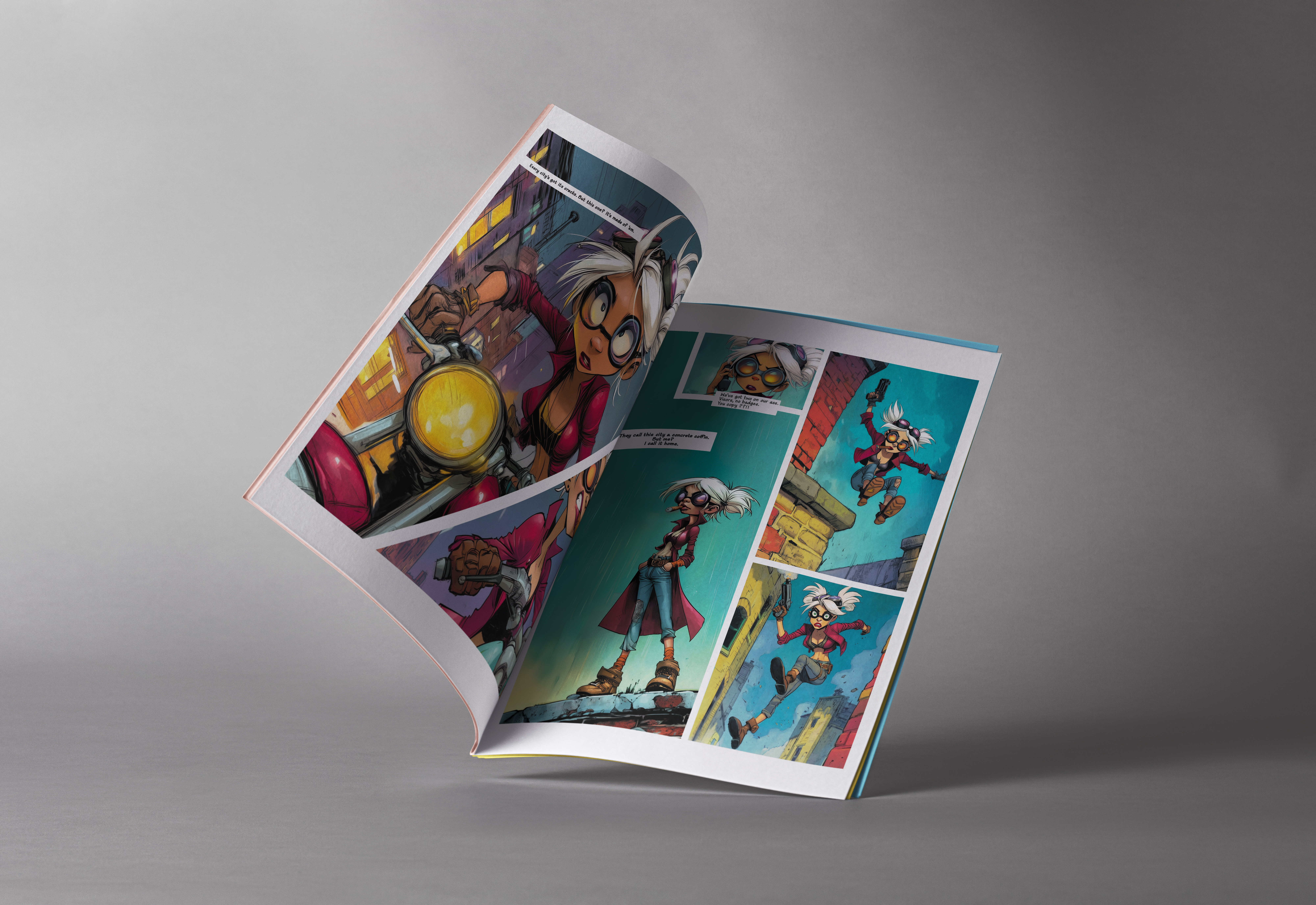An open Bones & Blaze comic book showing colourful interior pages