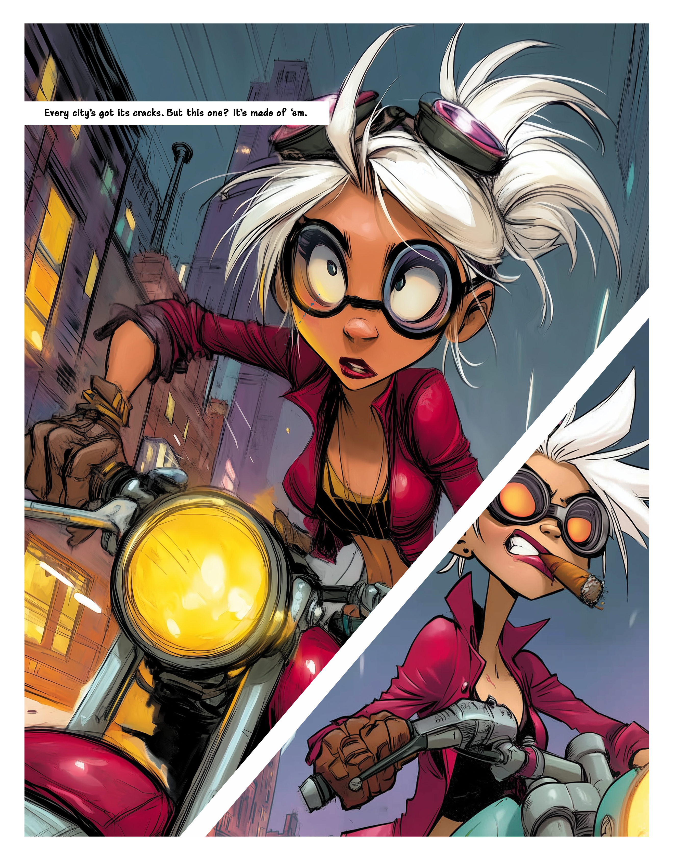 Bones & Blaze interior comic page with a dramatic close-up and motorcycle scene