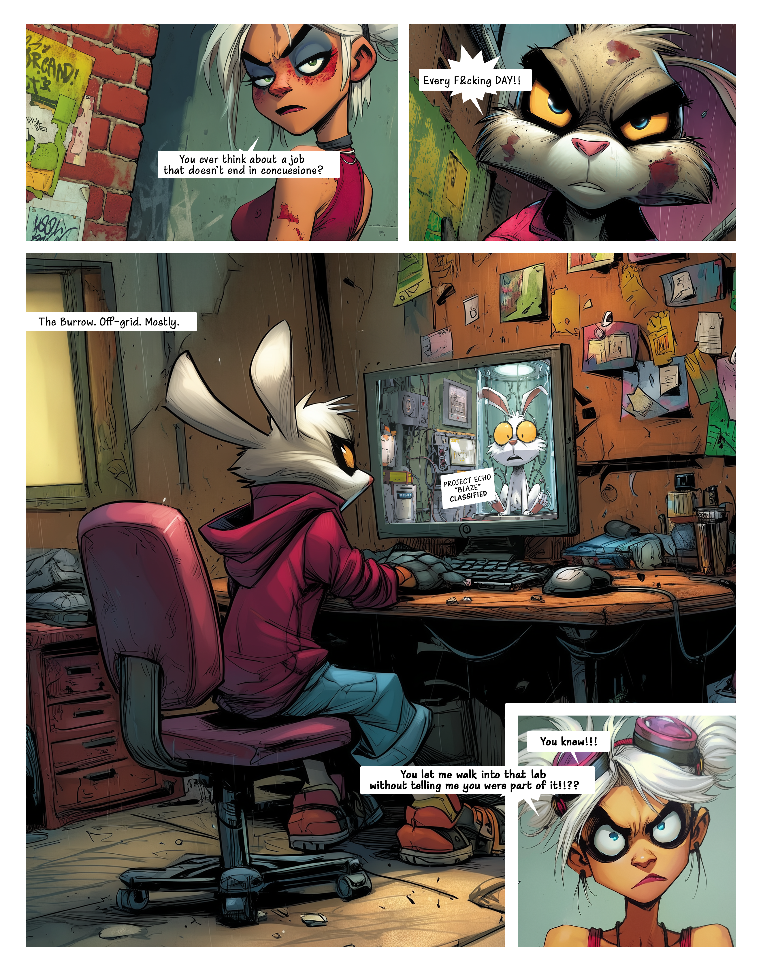 Bones & Blaze interior comic page with characters and a cluttered laboratory