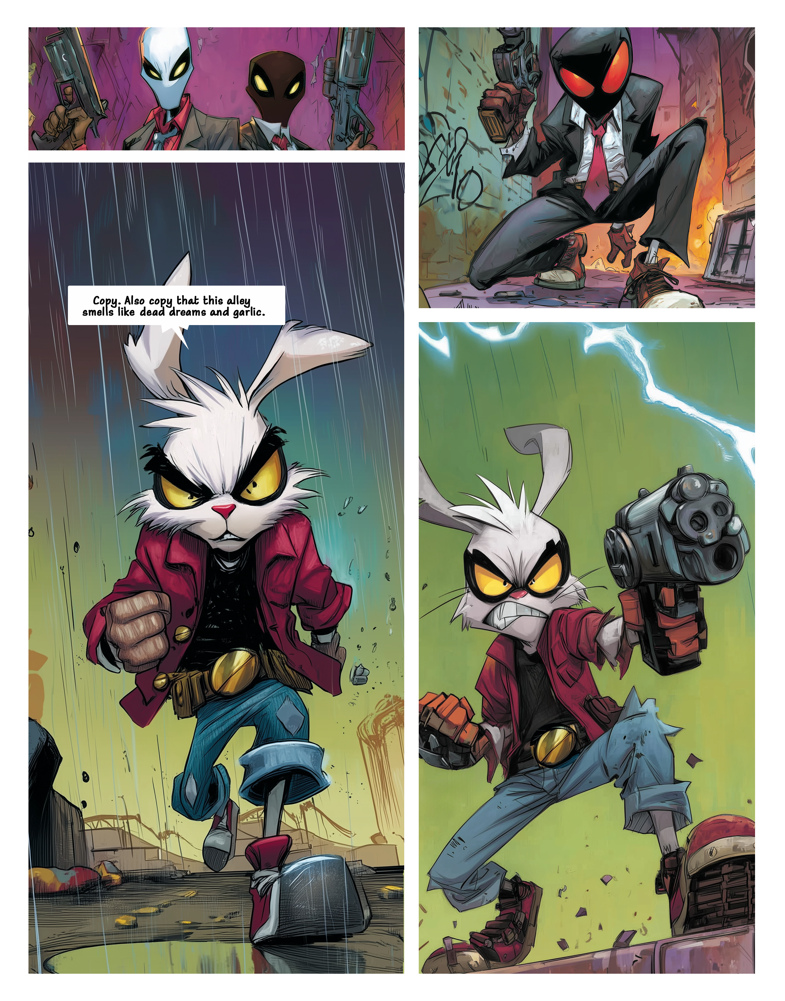 Bones & Blaze action page with the white-haired character in a magenta jacket