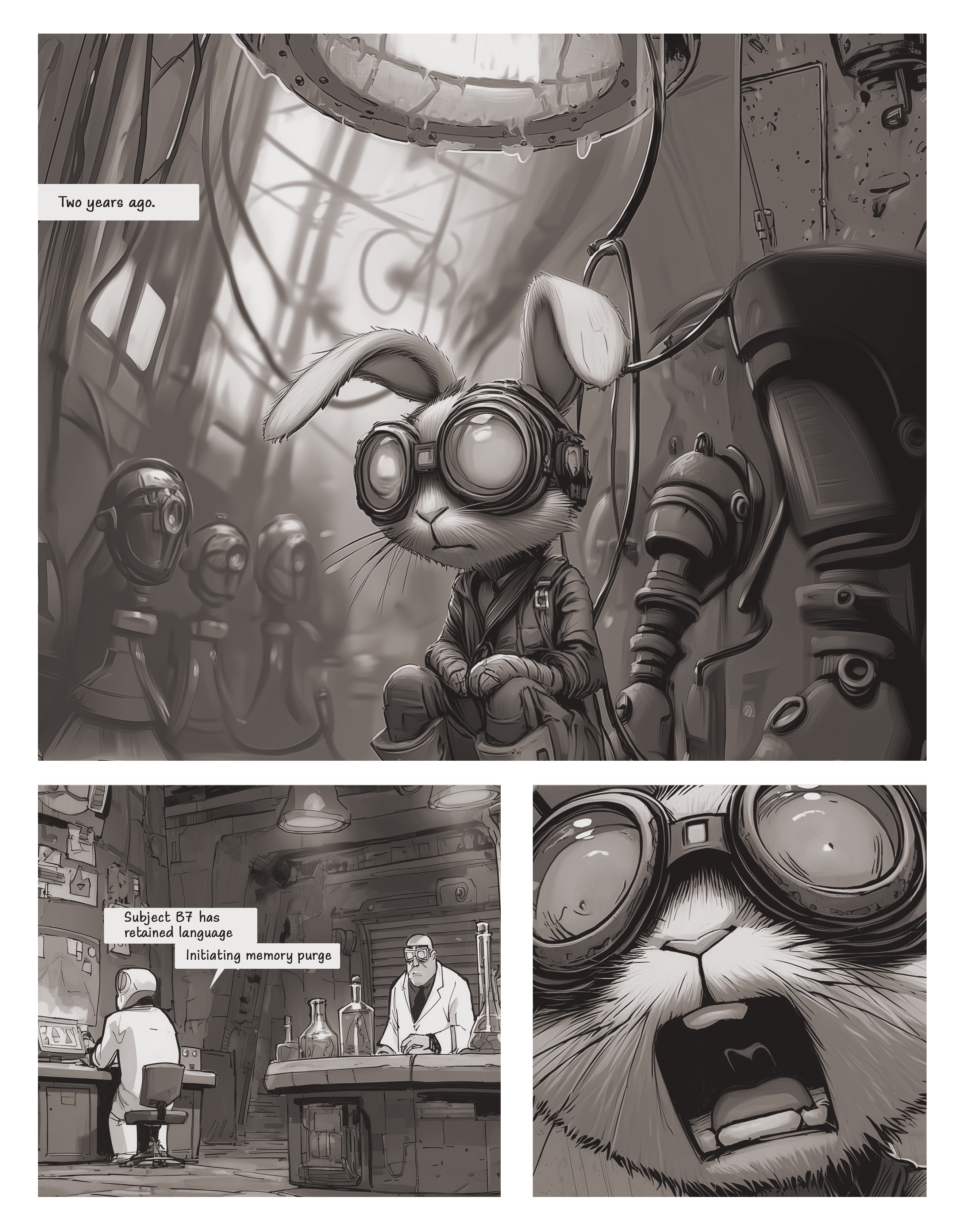 Monochrome Bones & Blaze comic sequence in a mysterious laboratory