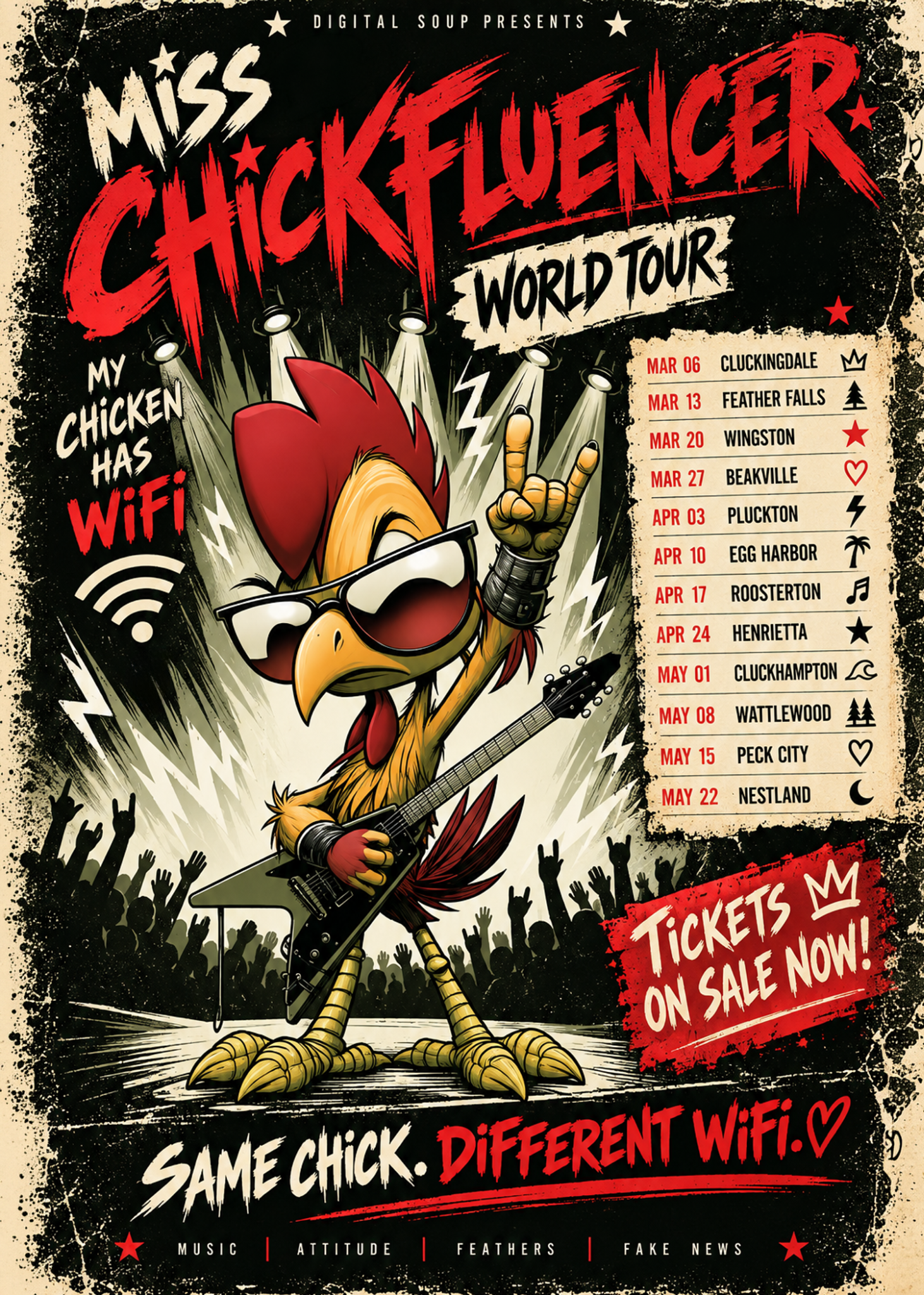 Chickfluencer, the punk chicken with pink mohawk, sunglasses and guitar