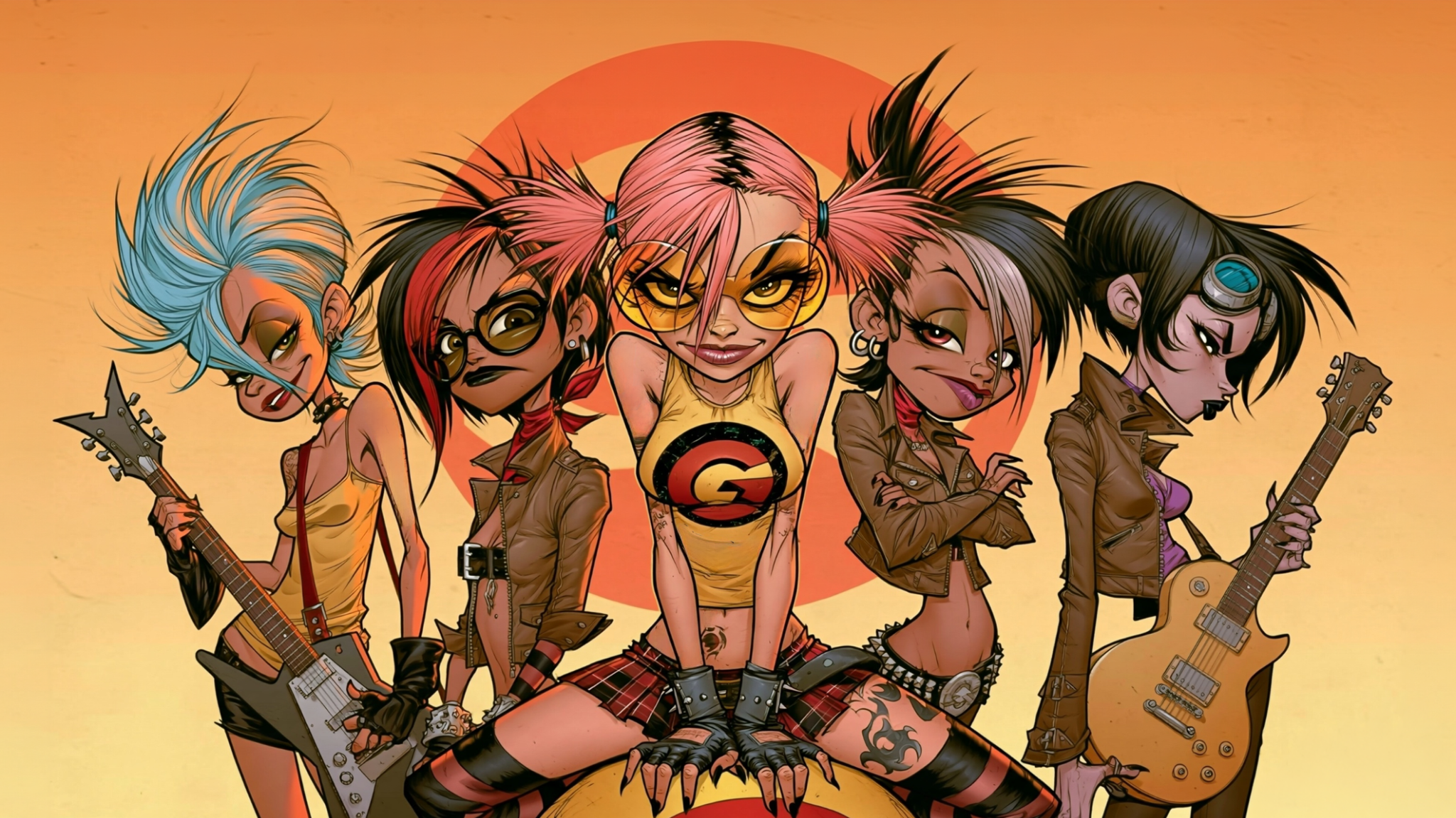 Illustrated lineup of five punk rock band members