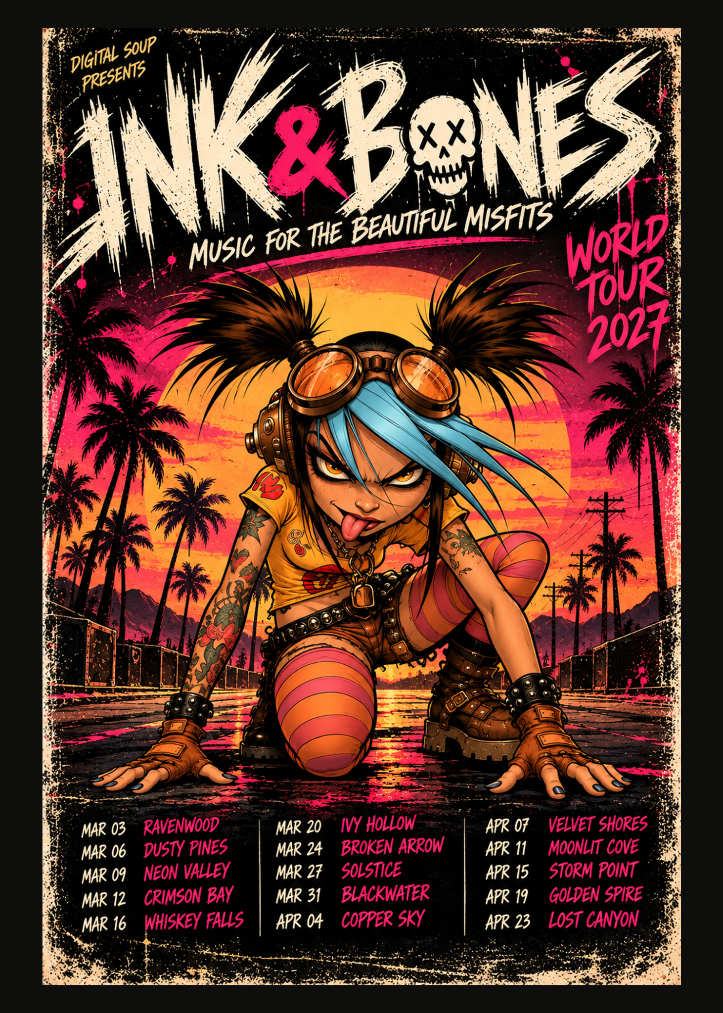 The five illustrated punk-rock members of INK & BONES