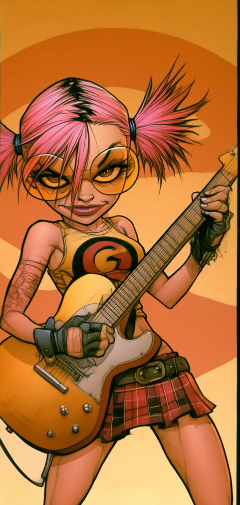 Bones, punk-rock band member with blue hair and electric guitar