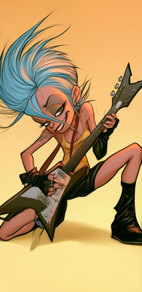Ink, punk-rock band member with dark and red hair