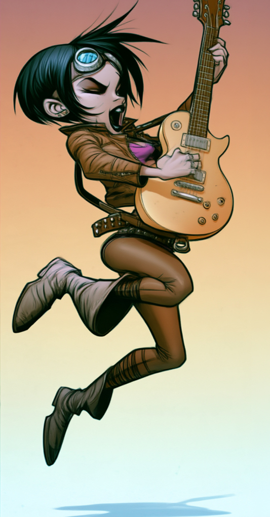 Lyric, dark-haired punk-rock band member with electric guitar