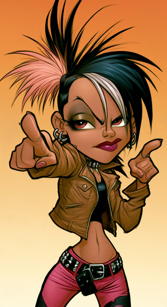 Nova, punk-rock band member with short two-tone hair