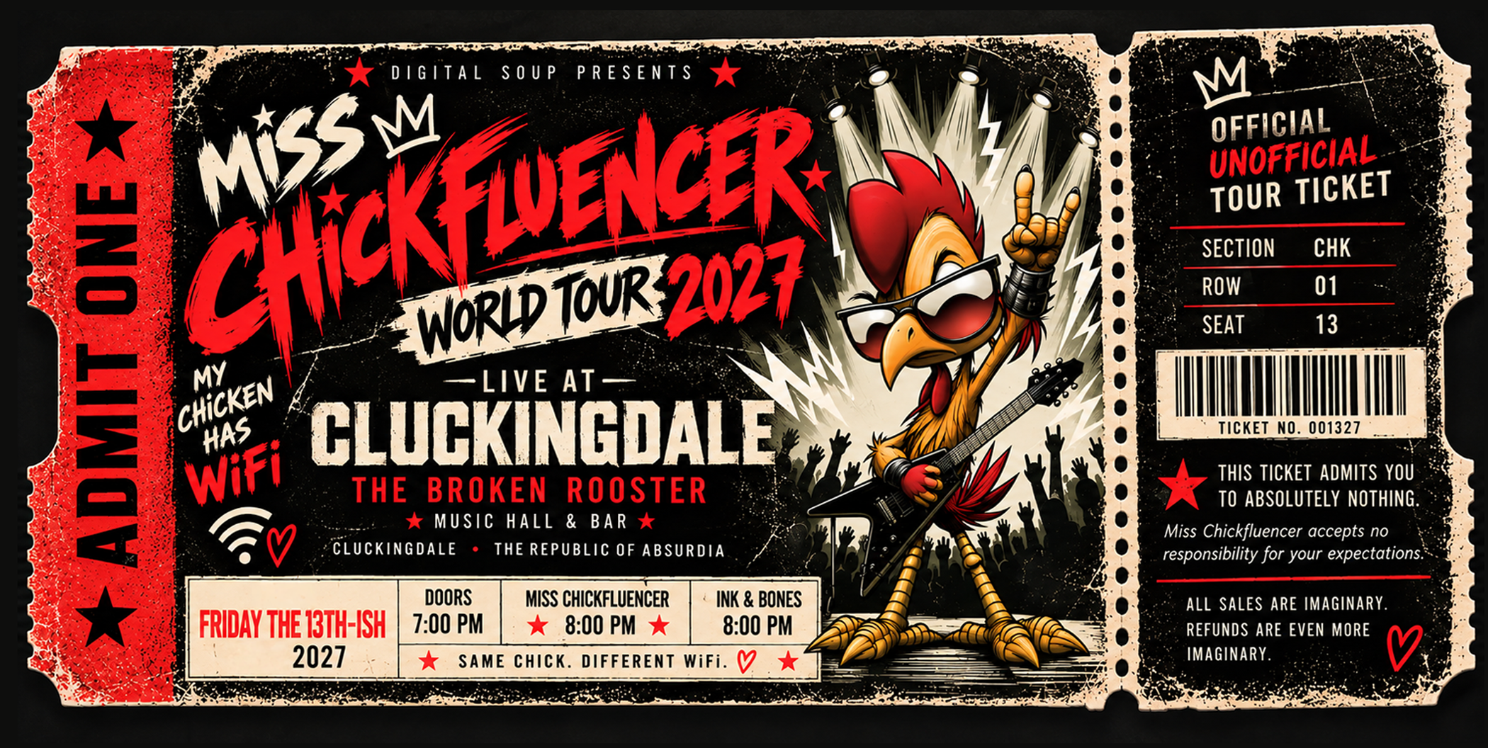 Officially Unofficial Miss Chickfluencer World Tour souvenir ticket in distressed black, cream and red punk style
